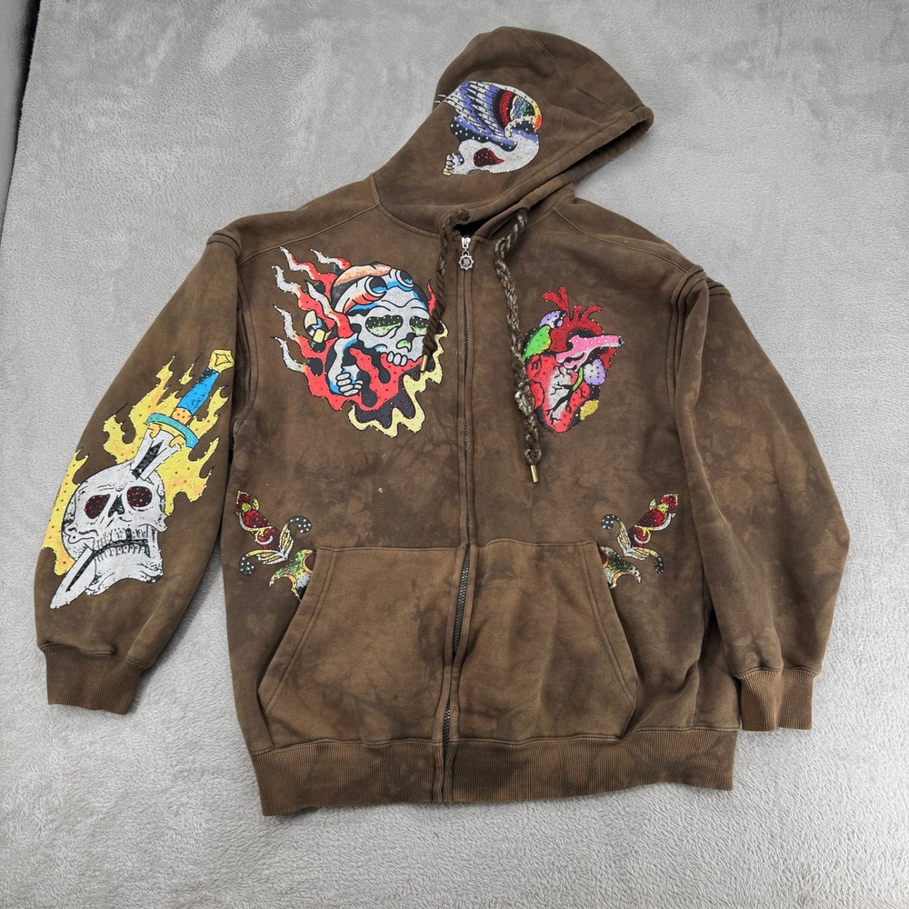 Mama Mens Zip Up Hoodie XL Brown Rhinestone Skull Dagger Stains Preowned